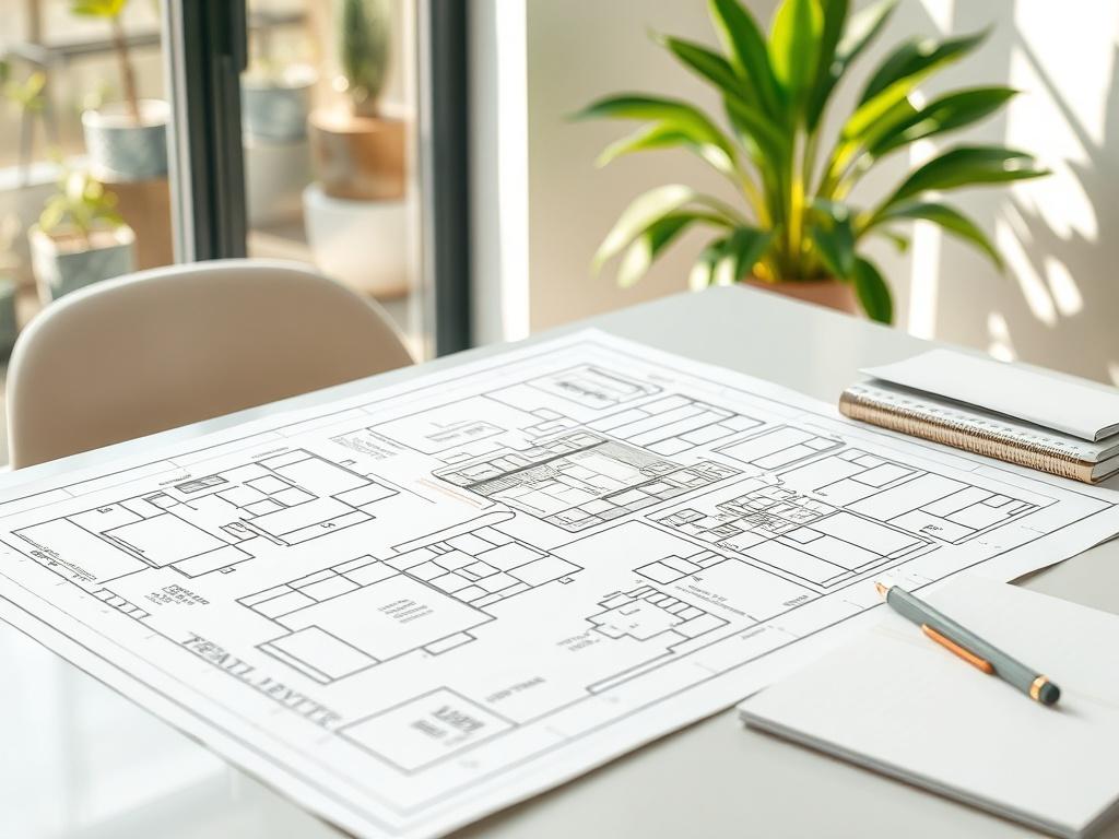 **AI Image Generation Prompt:**

Create a realistic high-resolution photo depicting a detailed architectural blueprint for an Accessory Dwelling Unit (ADU). The image should focus on a single subject: the blueprint spread out on a clean, modern workspace. The blueprint should be clearly visible, showcasing various elements typical of an ADU plan, such as detailed floor plans, exterior elevations, roofing structures, and utility placements like electrical and plumbing layouts. The workspace should include a 