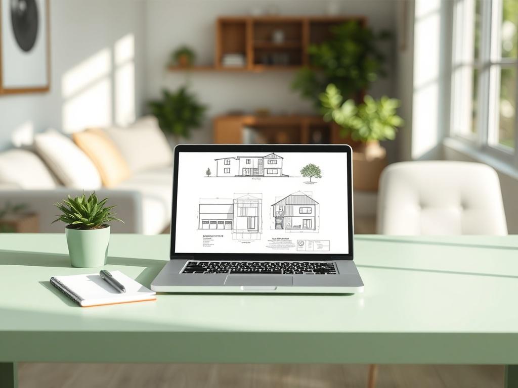 A clean and modern workspace featuring a single desktop with a laptop open displaying architectural blueprints for an Accessory Dwelling Unit (ADU). A notepad and pen are neatly placed beside the laptop, and a small potted plant adds a touch of green. The background is a softly blurred image of a well-lit, cozy home environment, conveying a sense of trust and clarity.