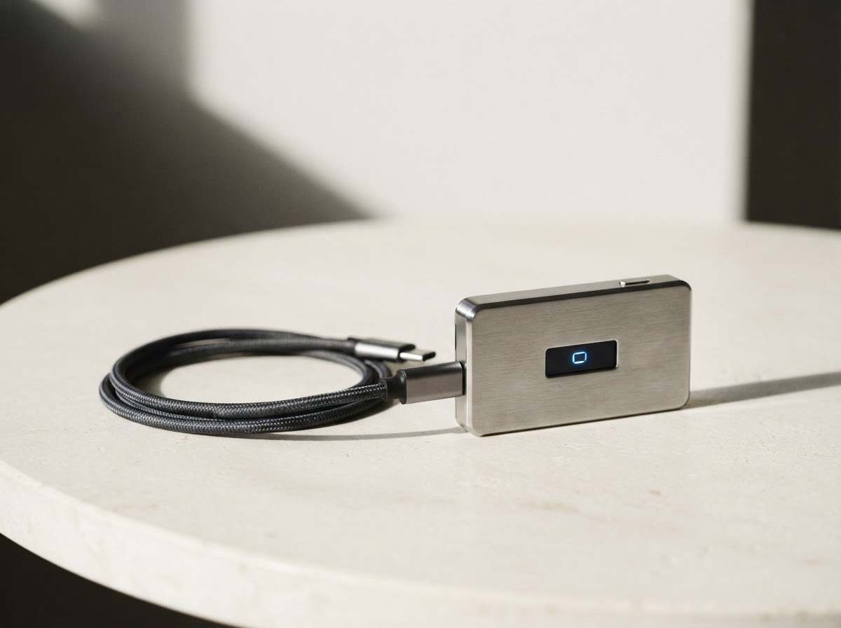 A premium hardware wallet and USB-C cable on a bright studio surface