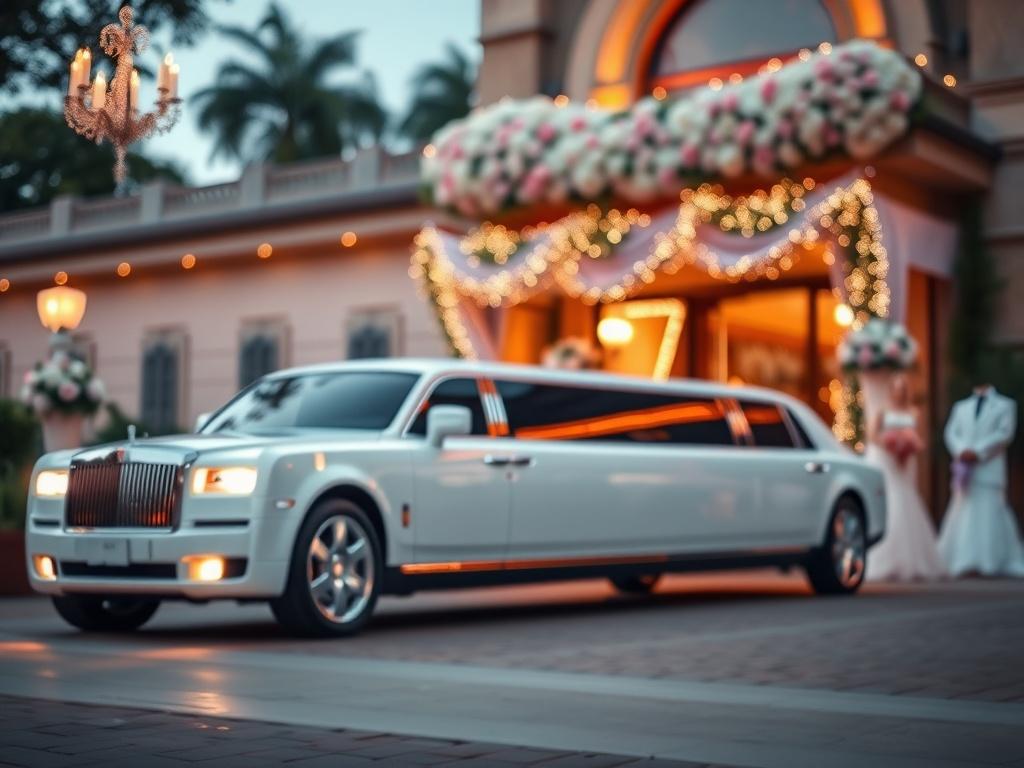 A luxurious stretch limousine parked elegantly outside a beautifully decorated