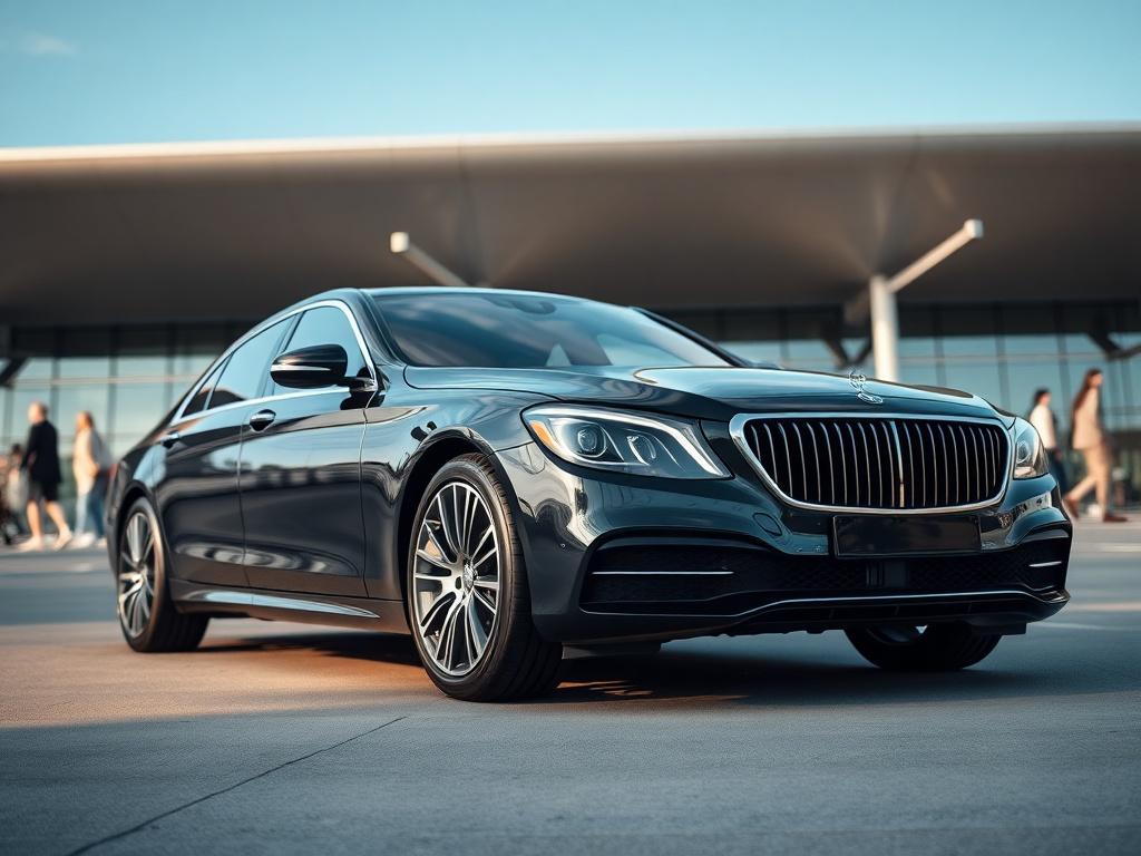 A luxurious black sedan parked in front of a modern