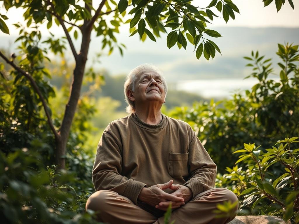 **AI Image Generation Prompt:**

Create a realistic high-resolution photo that embodies the concept of "Somasaudade: The Embodied Wisdom of Bittersweet." The composition should be simple and clear, featuring a single subject: a middle-aged person seated comfortably in a serene, natural setting. The individual, who appears contemplative, should be dressed in earthy tones that reflect a grounded and introspective mood. 

The subject is sitting in a meditative pose, with hands resting gently on their knees, ey