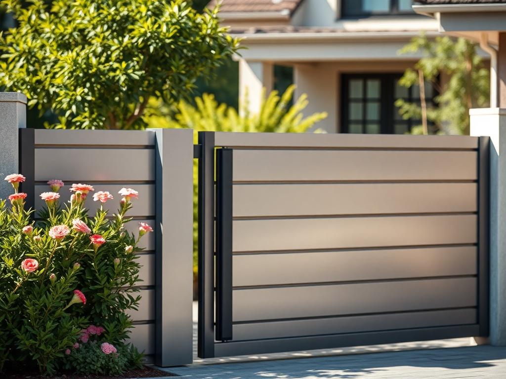 A close-up shot of a modern sliding front gate installed in a residential setting. The gate is made of sleek metal with a smooth finish, showcasing its elegant design. In the background, there is a well-manicured garden with vibrant greenery and flowers that complement the gate's appearance. The lighting is natural, highlighting the gate's features and the surrounding landscape. The focus is on the gate, capturing its functionality and aesthetic appeal.