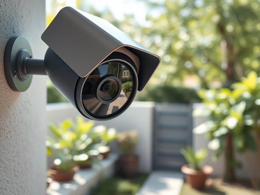 A close-up shot of a high-quality CCTV camera mounted on a wall, capturing a clear view of a garden area, with lush greenery in the background. The camera should be sleek and modern, with a focus on the lens, showcasing its features. The lighting should be bright and natural, highlighting the details of the camera and the surrounding environment, creating a sense of security and vigilance.