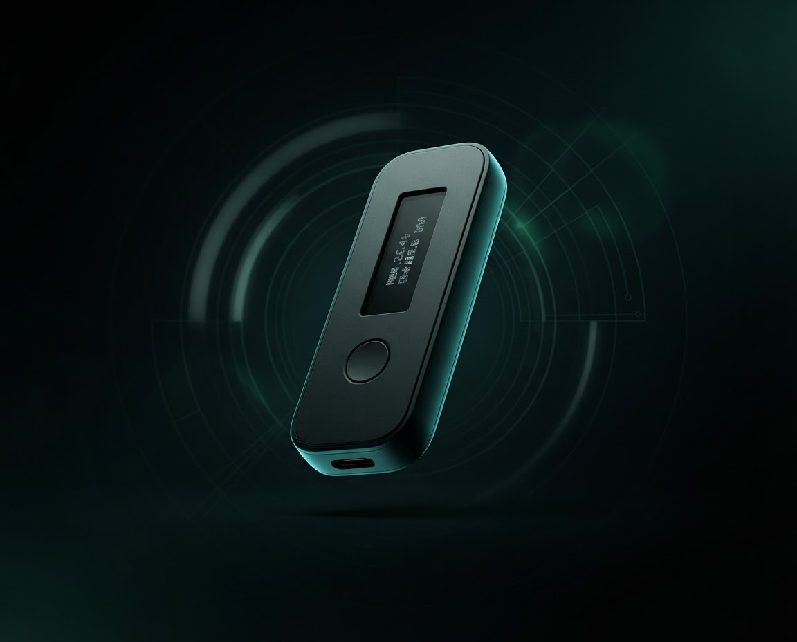 Matte dark hardware wallet illuminated by a subtle teal studio glow