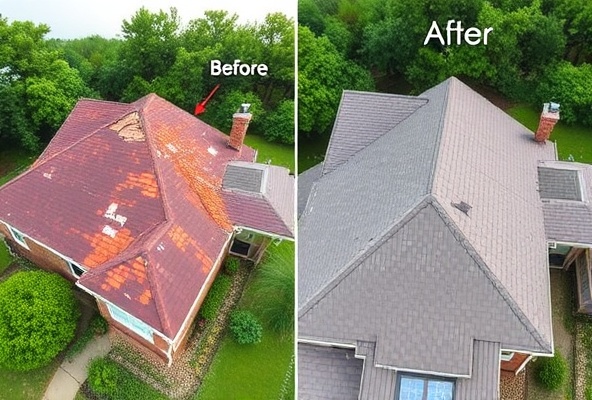 Before and after roof damage repair