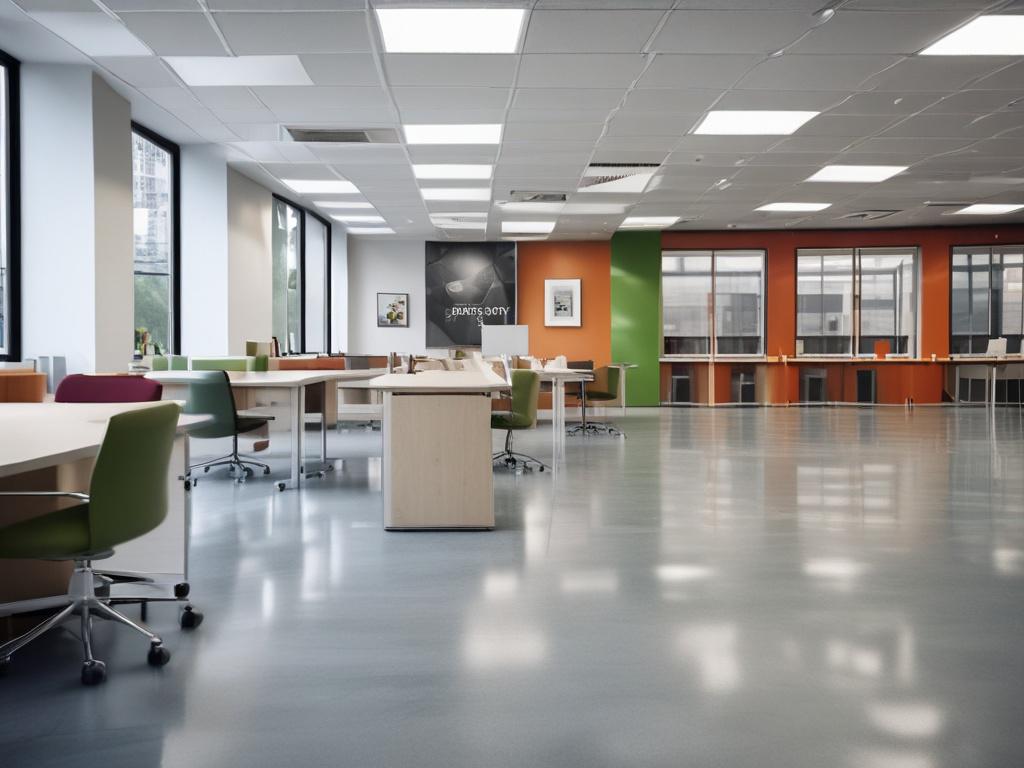 A professional cleaner in a pristine office space, focused on a single area, showcasing cleanliness and attention to detail. The background is blurred to emphasize the cleaner's work, using natural light to create a welcoming atmosphere. The image should evoke trust and professionalism.