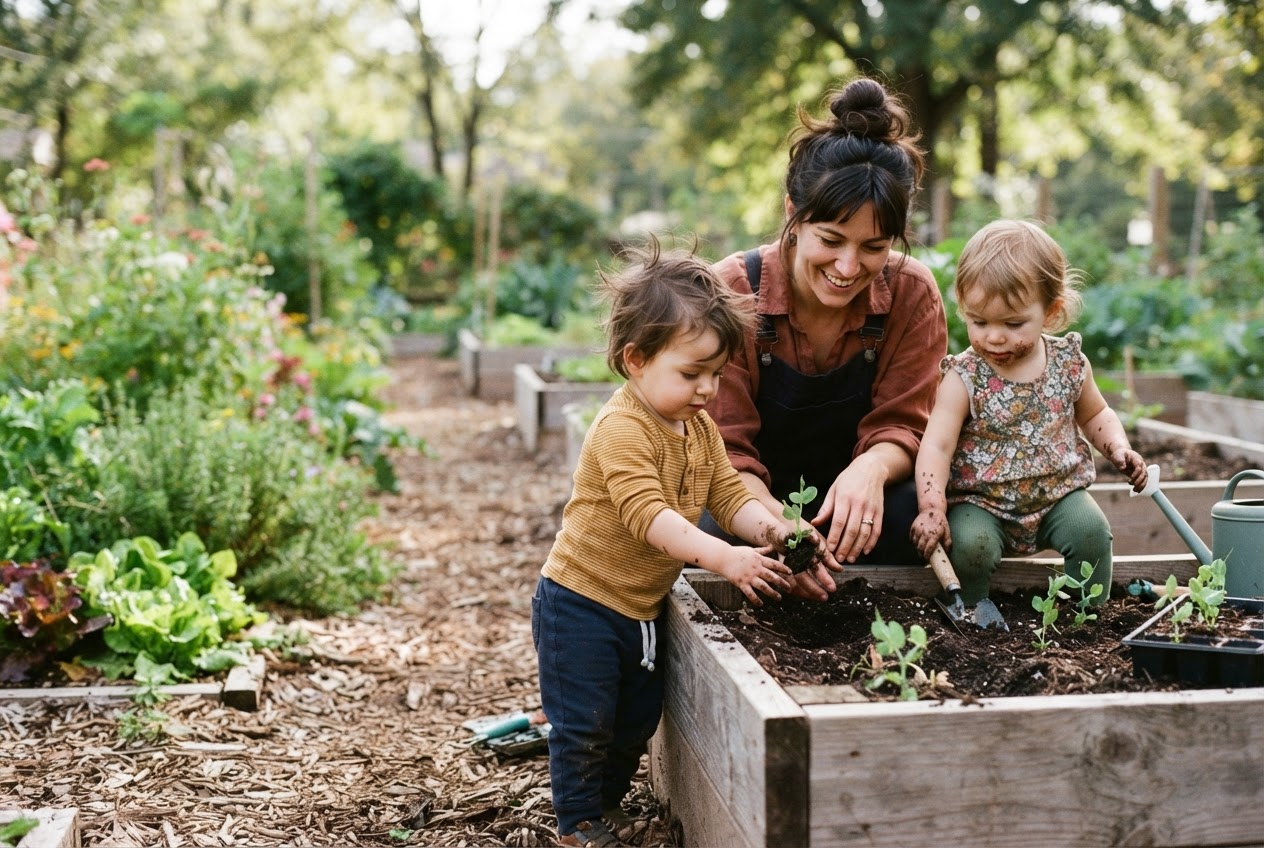 A teacher kneels beside two toddlers planting pea seedlings in a cedar raised bed, hands muddy in the garden.