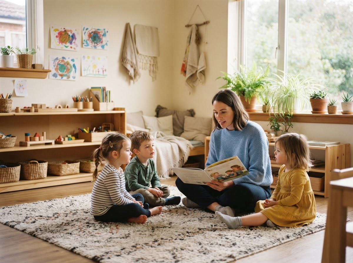Sunlit preschool classroom where a teacher reads to three children on a rug.