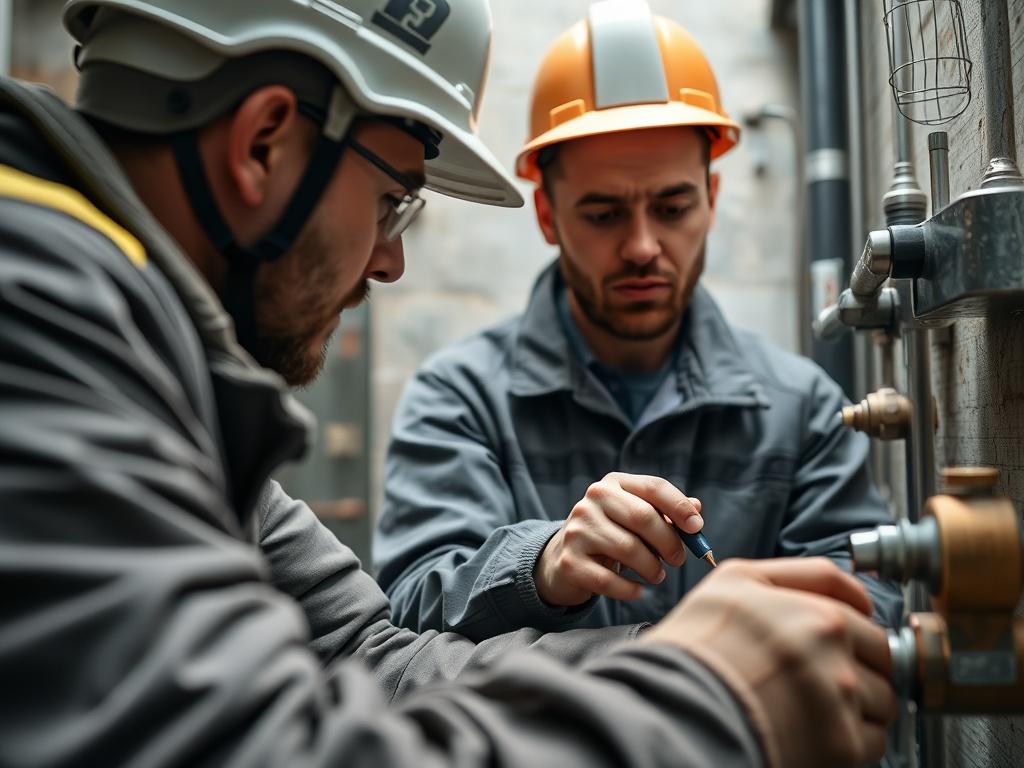 A high-resolution close-up image of a plumbing apprentice learning on-site, working under the guidance of an experienced engineer. The setting should clearly depict a plumbing environment with tools and equipment around. The apprentice should be focused and engaged, showcasing the learning process.