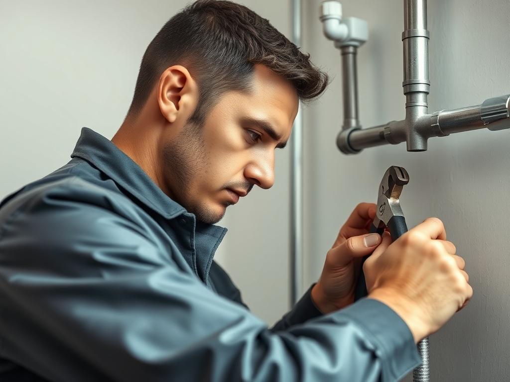 A focused close-up shot of a plumbing engineer in action, wearing a uniform and using tools to fix a plumbing issue. The background should be simple and clear, showcasing a well-maintained plumbing setup. The image should be realistic, high-resolution, and capture the engineer’s concentration and professionalism.