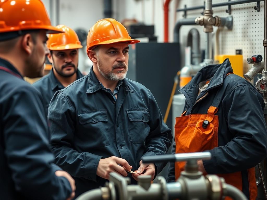 A realistic high-resolution photo of a plumbing engineer collaborating with a team, showcasing teamwork in a plumbing environment. The setting should be busy yet organized, highlighting tools and equipment. The engineer should be engaged in conversation, emphasizing collaboration and professionalism.