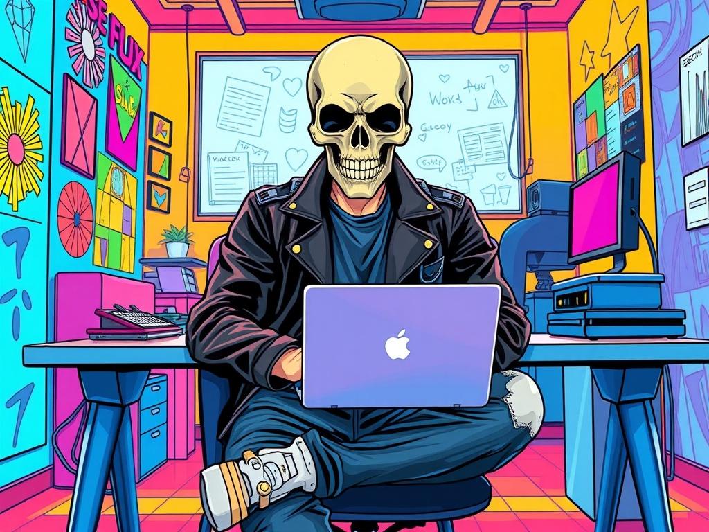 A highly detailed illustration of a man with a skull head sitting in front of a MacBook. The man is wearing a stylish black jacket and jeans, with a confident posture. The background is a vibrant, dynamic workspace with colorful designs on the walls and a modern desk setup. Brightly colored comic drawing style with vivid hues, showcasing creativity and innovation.