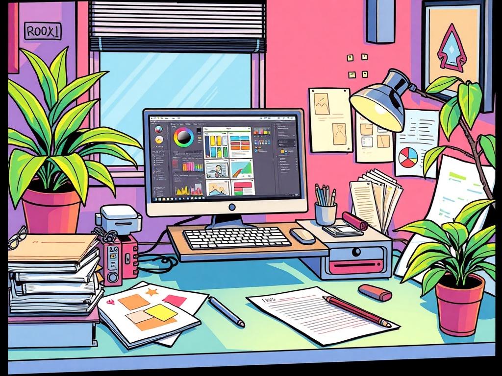 A vivid comic-style illustration of a creative workspace featuring a modern computer setup with design software open, colorful sketches and storyboards scattered around, and a vibrant plant in the background. The workspace should have a dynamic and inviting atmosphere, showcasing creativity and inspiration. The colors should be rich and bright, predominantly featuring the primary color rgb(2, 86, 197) to create a cohesive look.