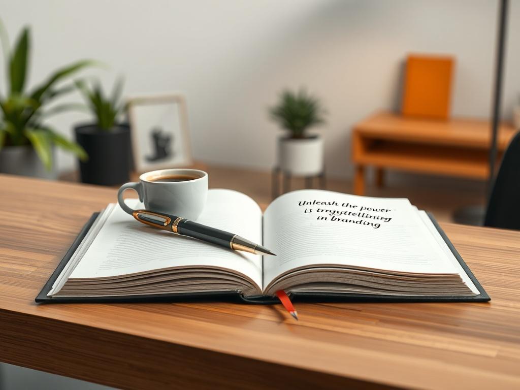 **Prompt for AI Image Generation:**

Create a realistic high-resolution photo that embodies the essence of "Crafting Compelling Brand Stories." The image should feature a single subject at the center—an open notebook spread on a sleek wooden desk. The notebook should have a soft, inviting cover, with a beautifully hand-written line near the top that reads, "Unleash the power of storytelling in branding," but without showing the actual text.

Surrounding the notebook, include a fountain pen resting elegantly