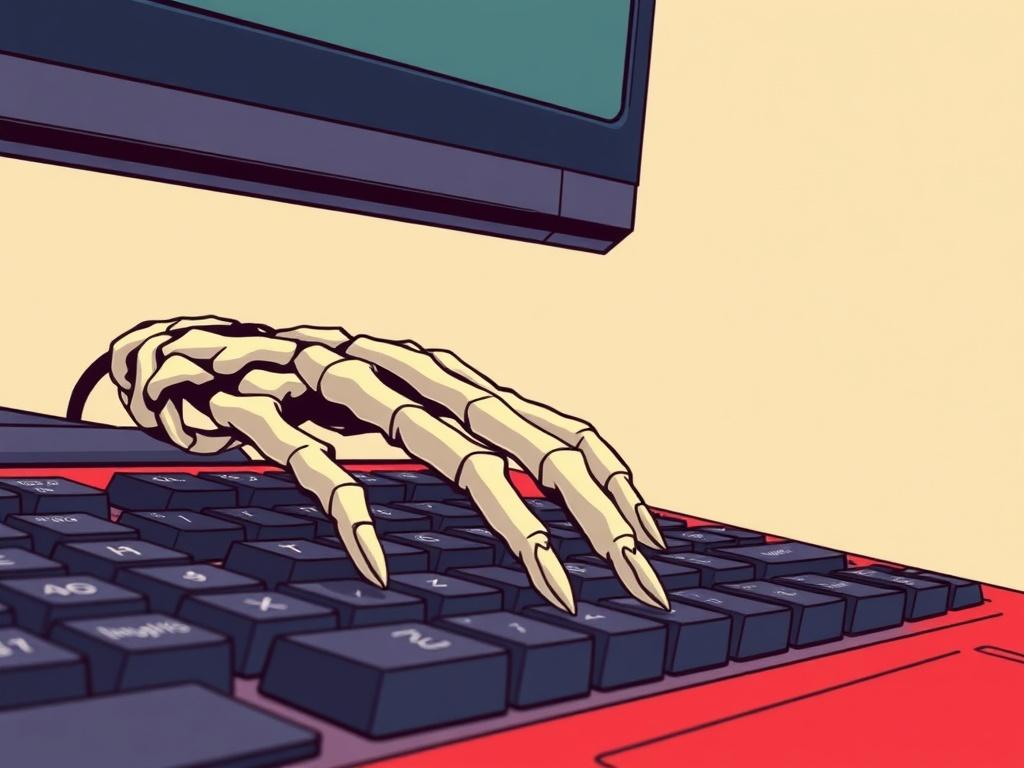 An illustration of a skeleton hand typing on a keyboard. The scene captures the hand in a close-up view, with the keyboard prominently displayed, showcasing the keys being pressed. The background is simple and unobtrusive, allowing the focus to be on the skeleton hand and the keyboard. The colors should be vivid and dynamic, compatible with the primary color rgb(2, 86, 197). The overall style should be a stylized, high-quality comic drawing.