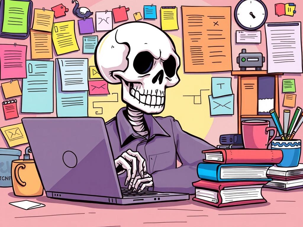 A stylized comic illustration of a skull head person, representing a creative copywriter, sitting in front of a laptop. The background is a vibrant workspace filled with colorful notes, brainstorming materials, and a coffee mug. The skull figure has a thoughtful expression, with one hand on the laptop keyboard and the other resting on a stack of books. The overall atmosphere is dynamic and engaging, showcasing the creative process of copywriting.