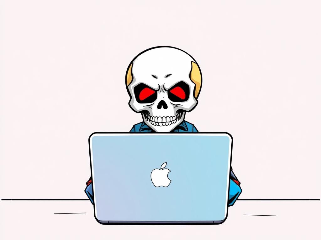 A stylized, dynamic, and vividly colored comic drawing of a skull head character sitting in front of a MacBook. The character should have a quirky, creative expression, wearing casual attire. The background should be simple and modern, emphasizing the tech atmosphere, with hints of vibrant colors that complement the primary color rgb(2, 86, 197). The focus should be on the character and the MacBook, illustrating a creative and tech-savvy vibe.