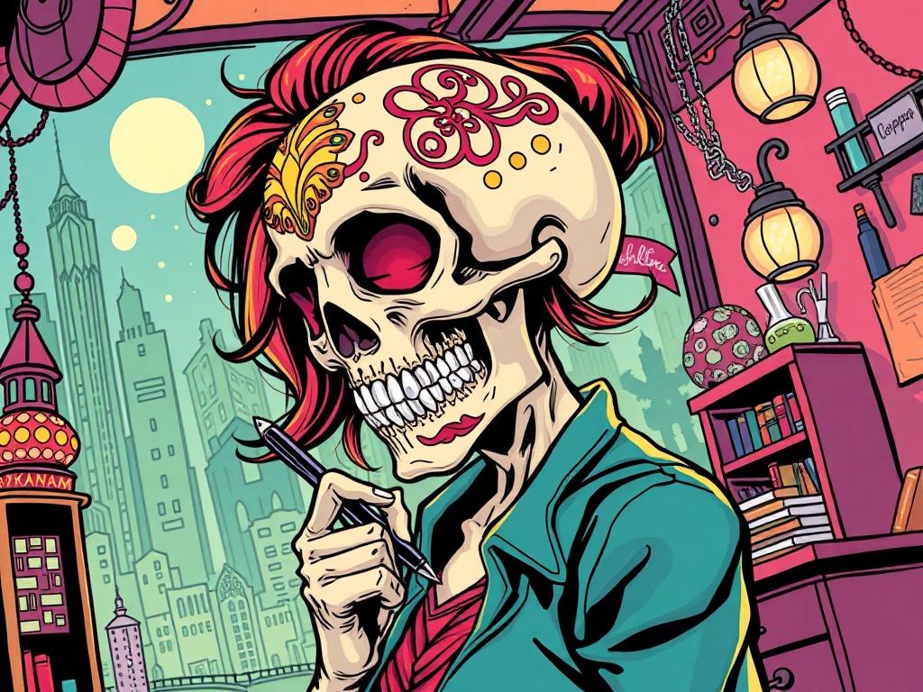 A striking illustration of a skull-headed woman, symbolizing brand storytelling. The woman should have vibrant colors, with intricate designs on her skull, representing creativity and uniqueness. She should be positioned in a dynamic pose, holding a pen or a quill, with a background that suggests a creative environment, like a bustling cityscape or a whimsical studio filled with artistic tools and elements. The overall composition should evoke a sense of innovation, imagination, and narrative depth.