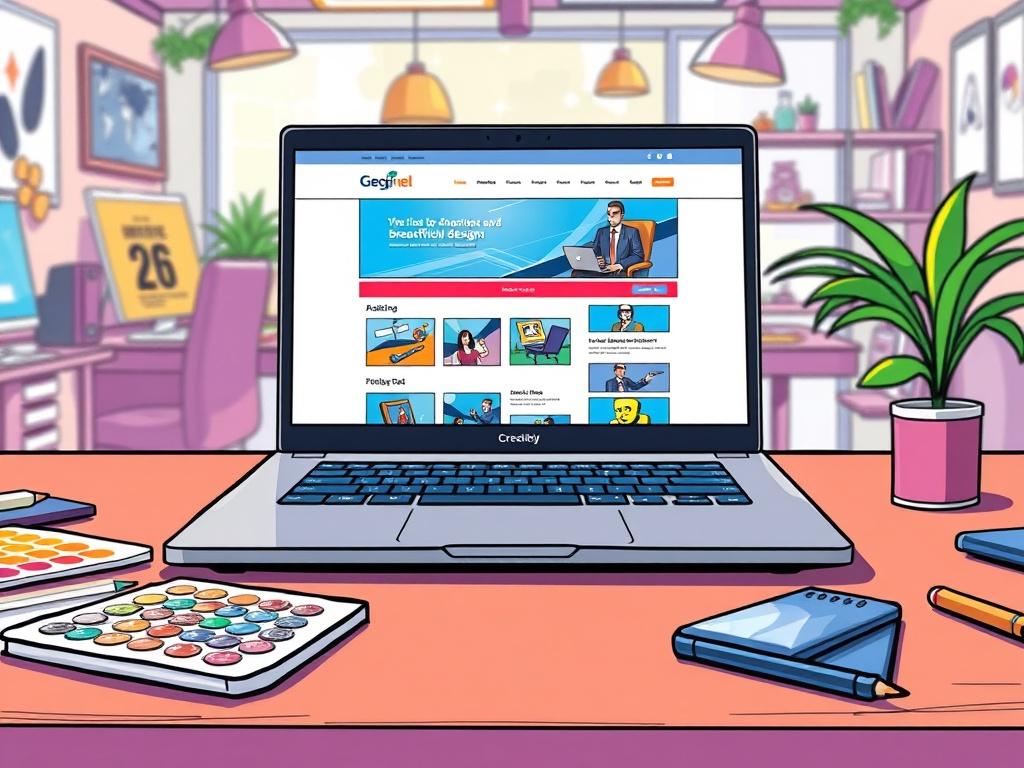 A vibrant, stylized comic drawing of a sleek laptop displaying a beautifully designed website on its screen. The laptop is placed on a modern desk with some creative design tools like color palettes and sketch pads around it. The background features an inspiring workspace with bright colors and a touch of greenery, highlighting a creative atmosphere. The overall composition should be dynamic and engaging, showcasing the essence of web design.