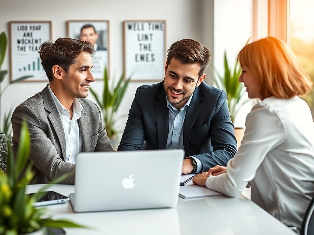 A professional consultant sitting at a modern desk, engaging with