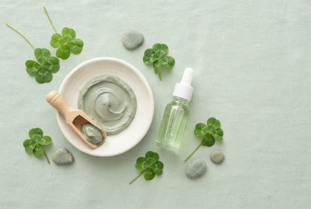 Minimalist botanical skincare flat lay with clover sprigs and green serum