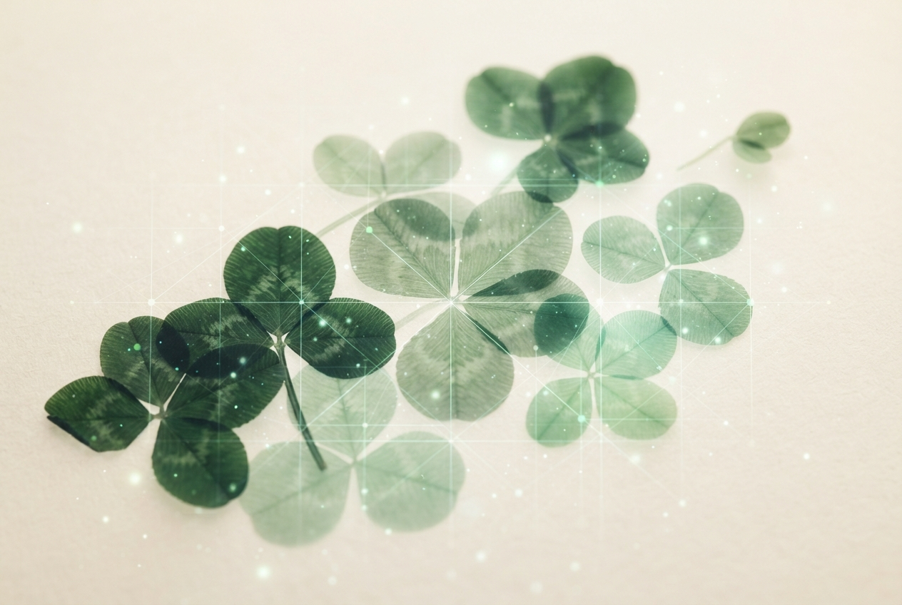 Abstract image of translucent clover leaves overlaid with fine digital grid lines