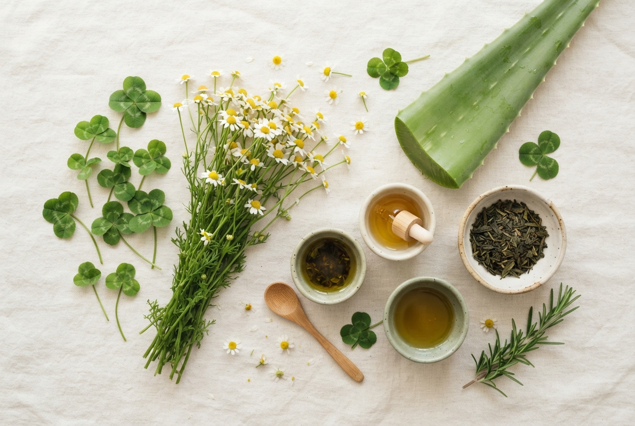 Flat lay of plant-based skincare ingredients: clovers, chamomile, aloe vera, and botanical oils