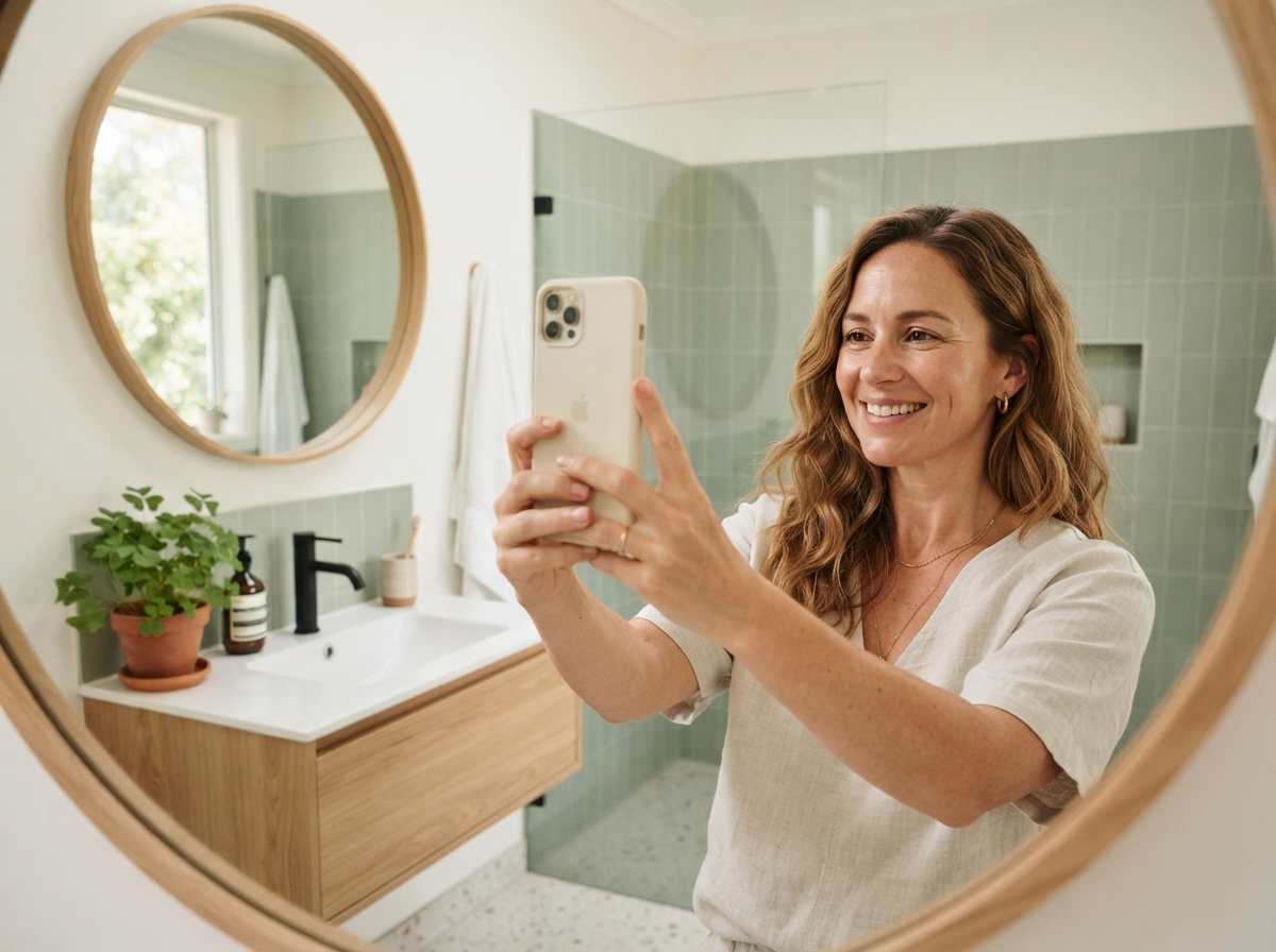Woman taking a skin analysis selfie with a smartphone in a bright minimalist bathroom