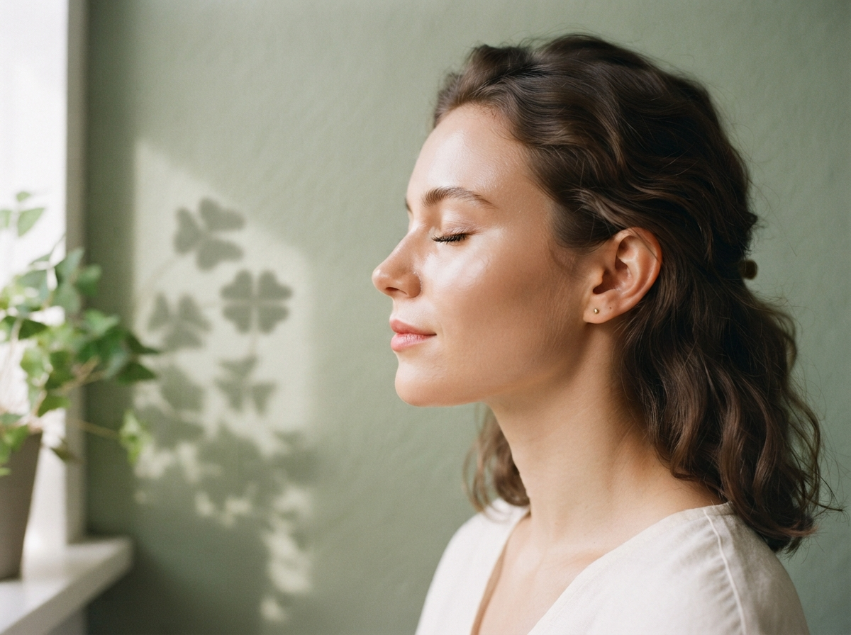 Serene profile portrait with glowing even-toned skin
