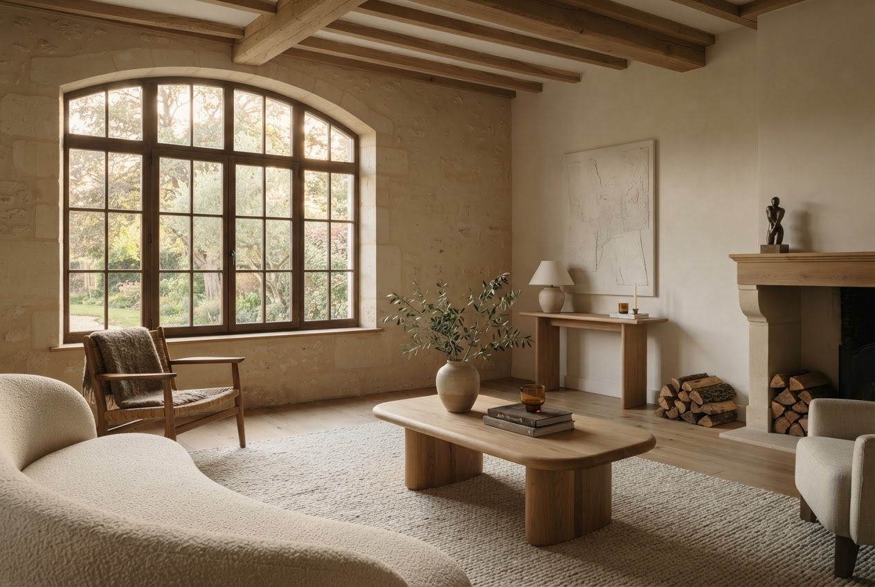 Warm, light-filled living room with natural oak furnishings and soft neutral textures