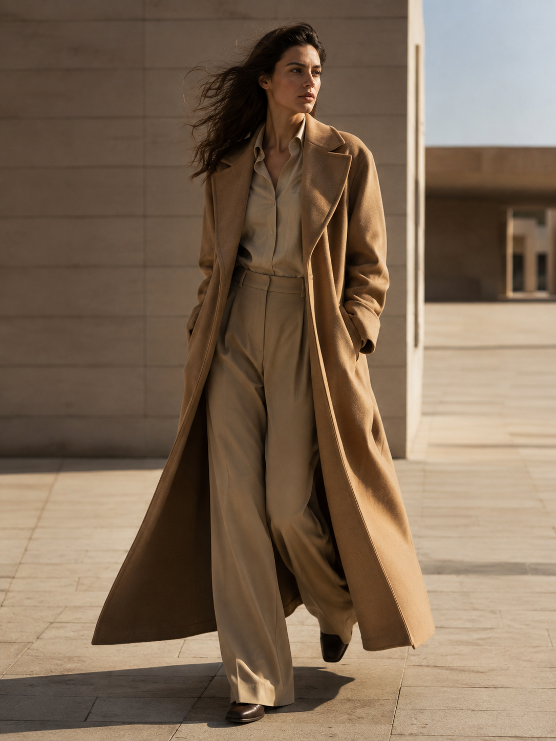 Model in structured coat