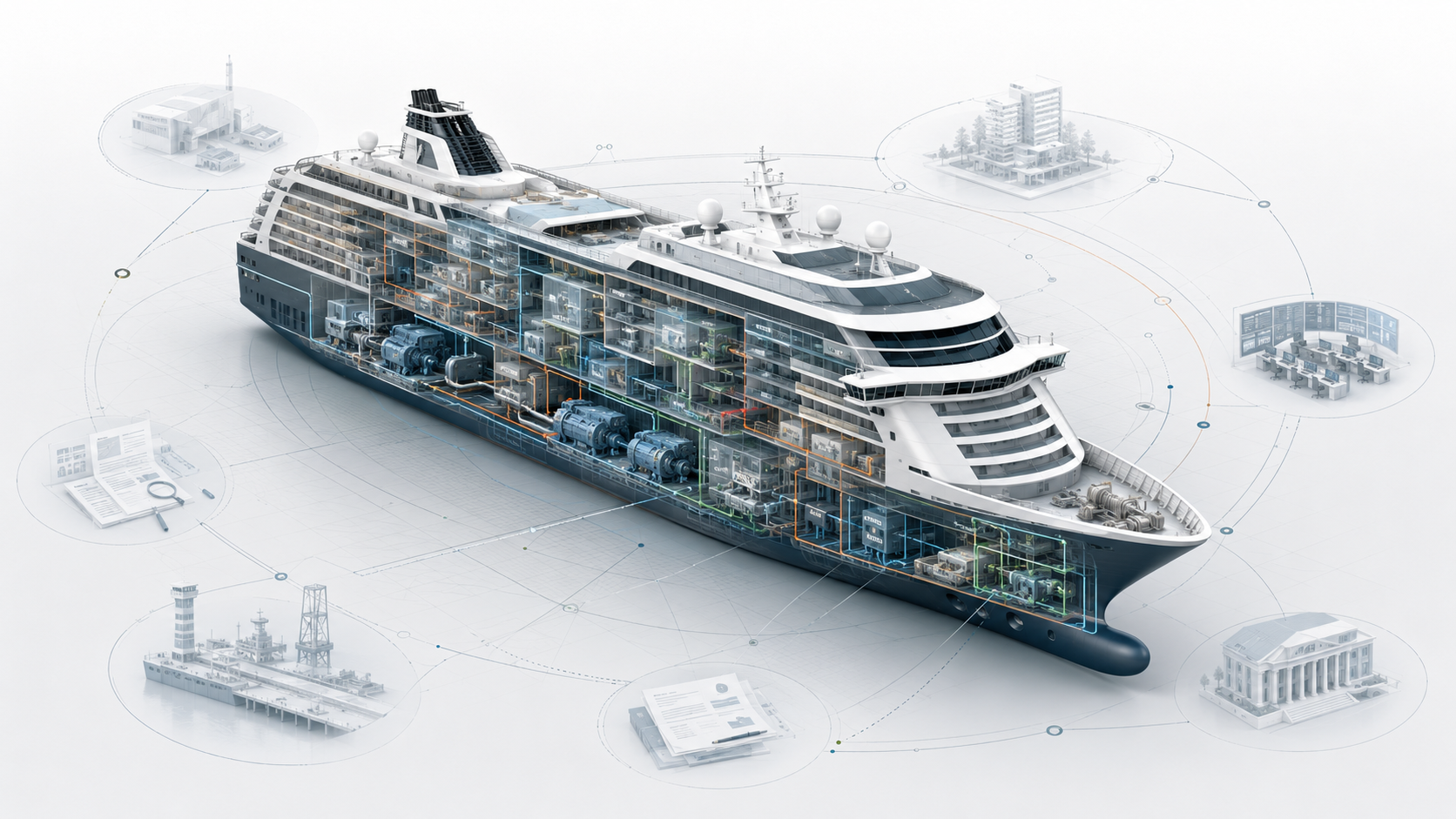 Complex mobile maritime asset showing distributed technical systems and operational layers