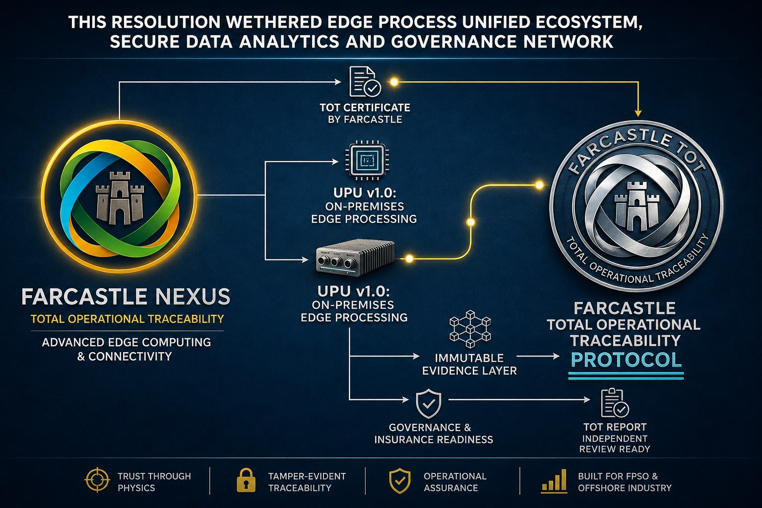 FARCASTLE NEXUS-TOT evidence architecture showing operational data flow, physics-informed validation layer, and evidence continuity pathways