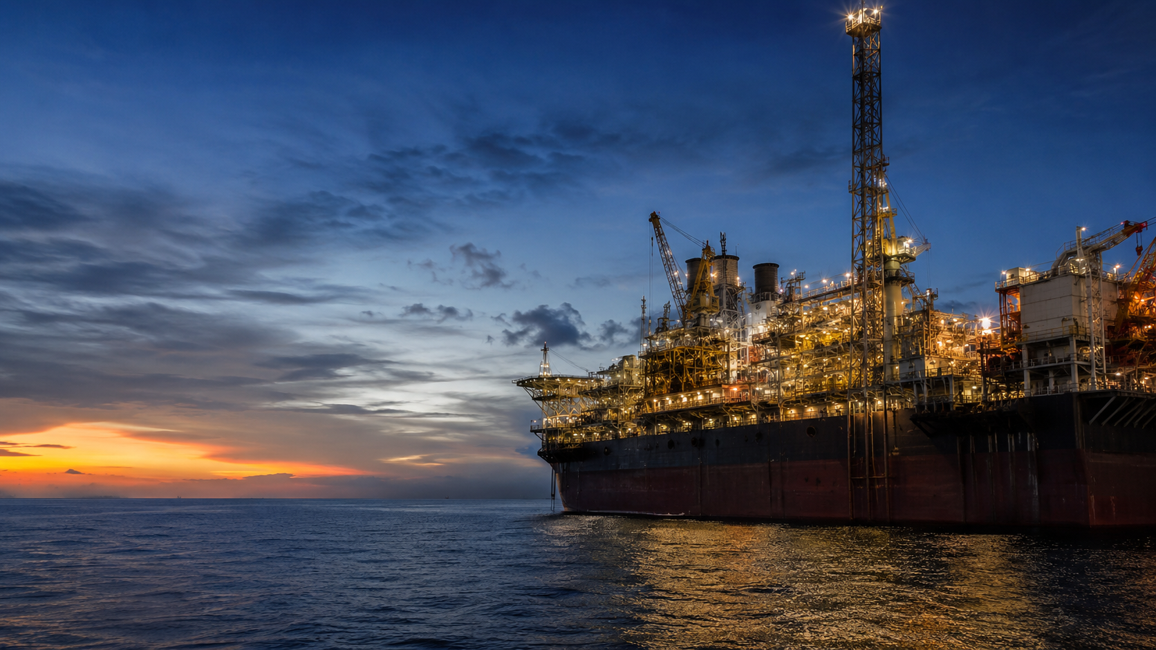 FPSO offshore vessel at dusk representing critical industrial asset environments where operational evidence continuity matters