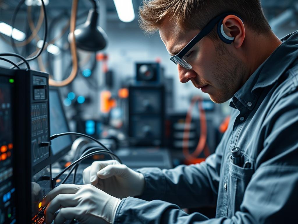 A close up shot of a technician connecting various technology