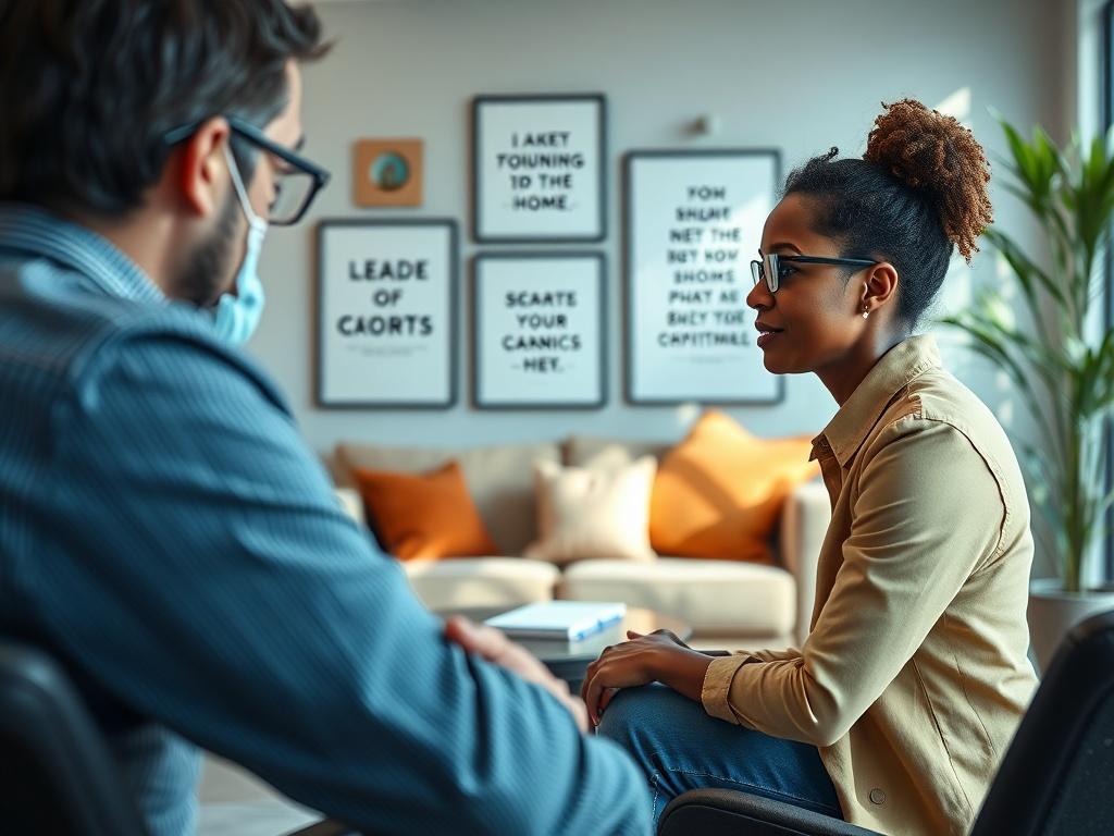 A focused close-up shot of a professional coaching session taking place in an inviting office environment. The scene highlights a leader and a coach engaged in conversation, with a warm and supportive atmosphere. Use natural lighting to create an inviting feel. The background should include a comfortable seating area with a few motivational quotes framed on the wall. The colors should be warm and professional, reflecting a nurturing environment.