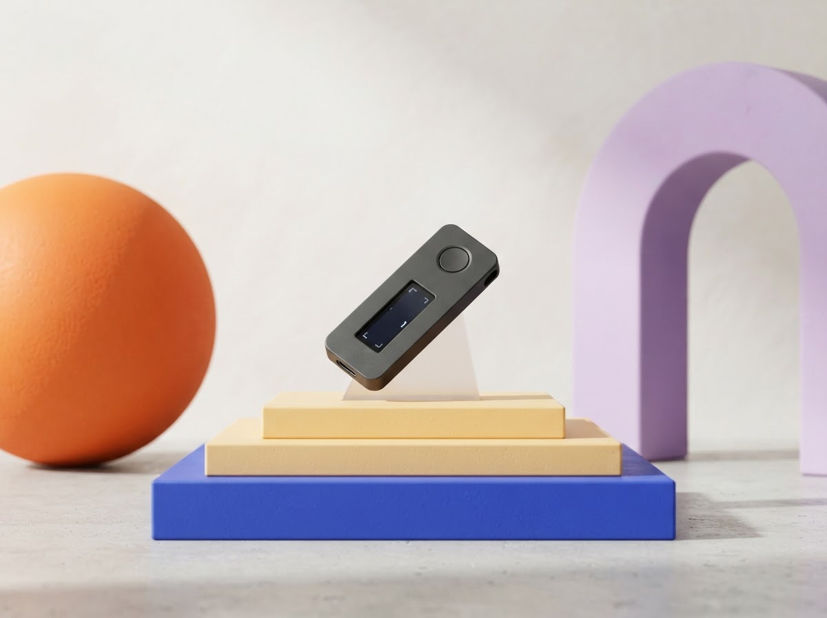 A generic hardware security device displayed among colorful geometric shapes