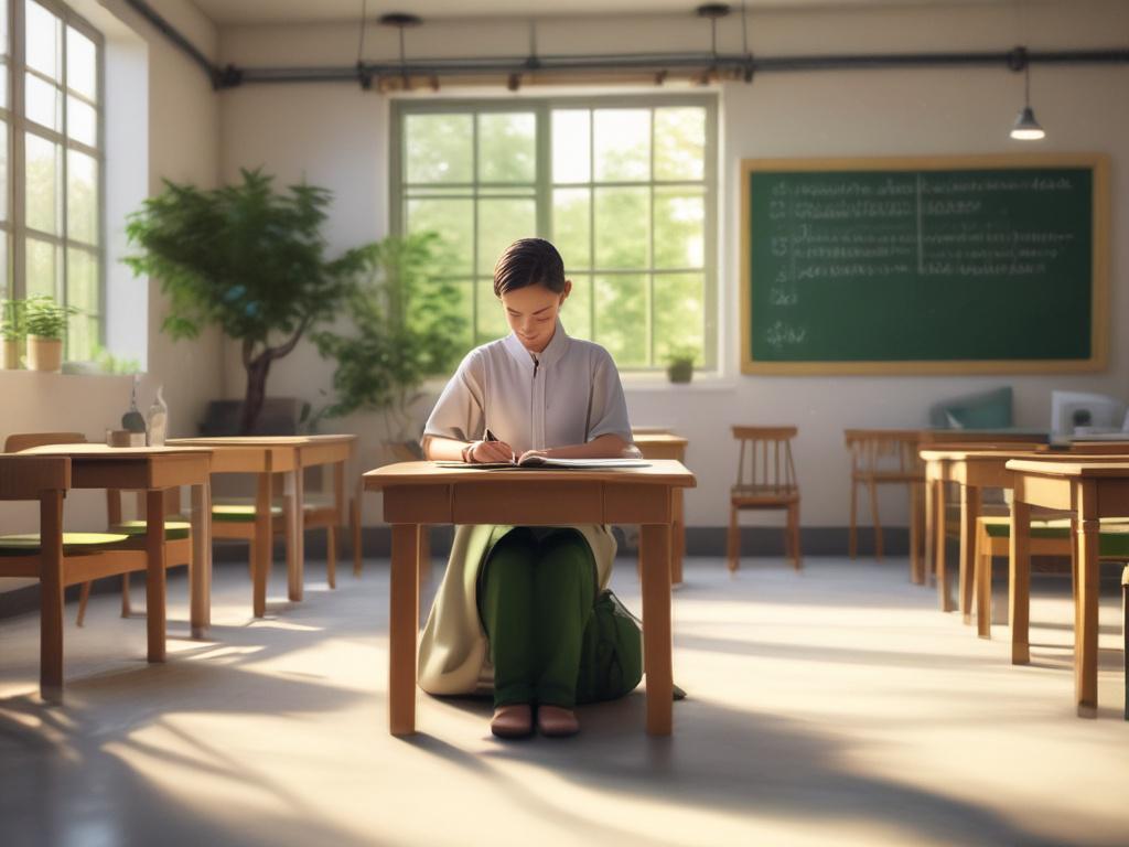 A serene classroom setting with a young student attentively practicing