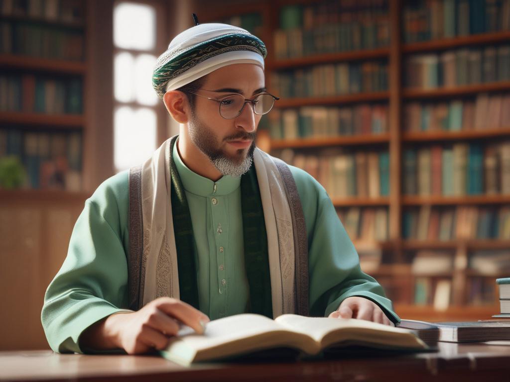 A focused adult student reciting the Quran with precise mouth