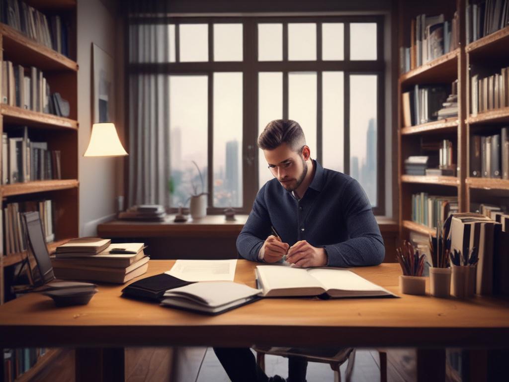 A close-up shot of a confident author brainstorming with a notepad and pen, sitting at a sleek wooden desk. The background features a cozy home office with bookshelves filled with diverse books, and a warm, inviting ambiance. The author is focused and engaged in strategizing, with a soft natural light illuminating their face. The color palette should be vibrant, with shades of green (rgb(50, 170, 39)) subtly incorporated into the decor.