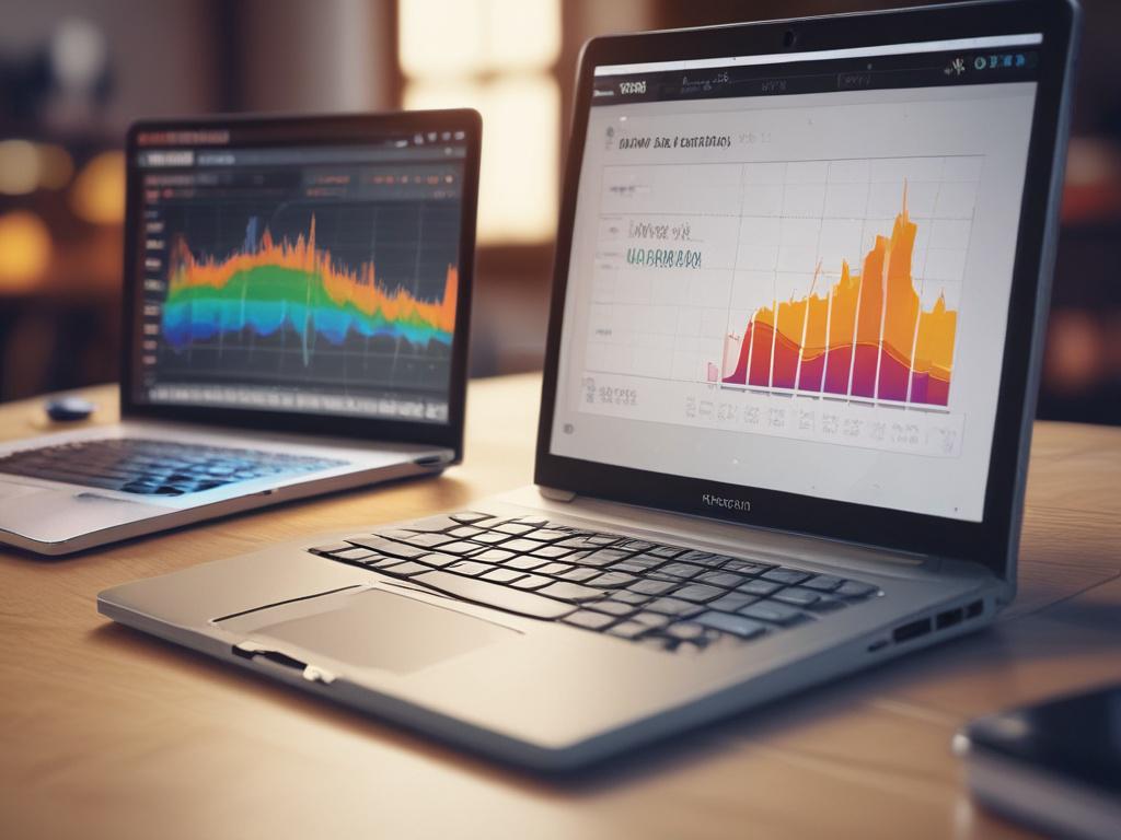 A close-up shot of a sleek laptop displaying an Amazon seller dashboard with colorful graphs and metrics on the screen. The background should be softly blurred to emphasize the laptop. The laptop should be modern and elegant, resting on a wooden desk with a few books and a potted plant nearby. The overall color scheme should reflect a vibrant green (rgb(50, 170, 39)) that harmonizes with the business branding.
