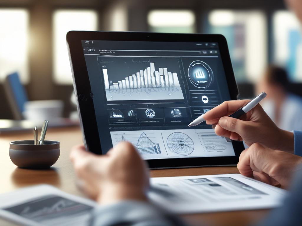 A close-up shot of a professional marketer analyzing a sales funnel diagram on a digital tablet. The background features a modern office setup with soft lighting, emphasizing focus on the tablet's screen. The marketer, a middle-aged Black woman, is intently studying the details of the funnel, showcasing a sense of dedication and expertise. The color scheme incorporates the primary color rgb(50, 170, 39) subtly in the decor, enhancing the overall professional atmosphere.