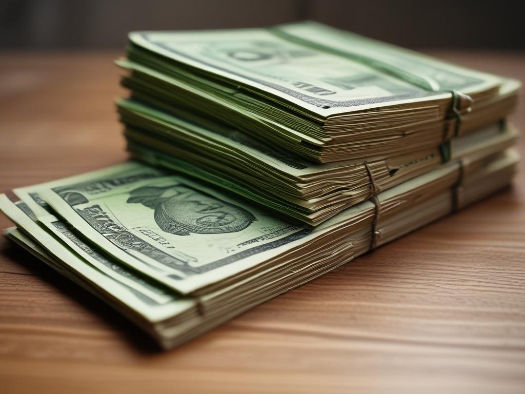 A close-up shot of a stack of vibrant green bills arranged neatly on a wooden table. The background should be softly blurred to emphasize the crisp, fresh look of the money. Use hyper-realistic rendering to capture the intricate details of the bills, ensuring the focus is sharp and clear. The lighting should be warm and inviting, creating a sense of abundance and prosperity.