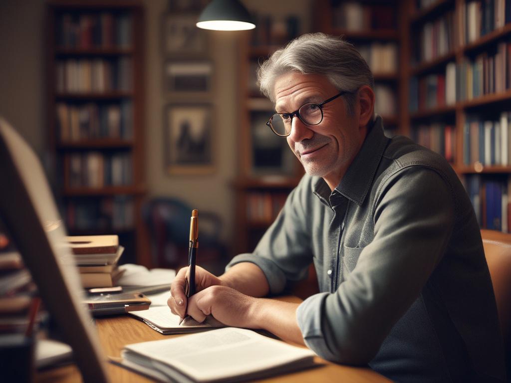 A hyper-realistic close-up of a thoughtful author in a cozy, well-lit writing nook. The author, a middle-aged individual, has a warm smile and is surrounded by books, a laptop, and a cup of coffee. The background features a soft-focus bookshelf filled with colorful books, providing a warm and inviting atmosphere. The lighting is soft and natural, highlighting the author's face and creating a sense of creativity and inspiration. The image should evoke a feeling of connection and authenticity, perfect for rep