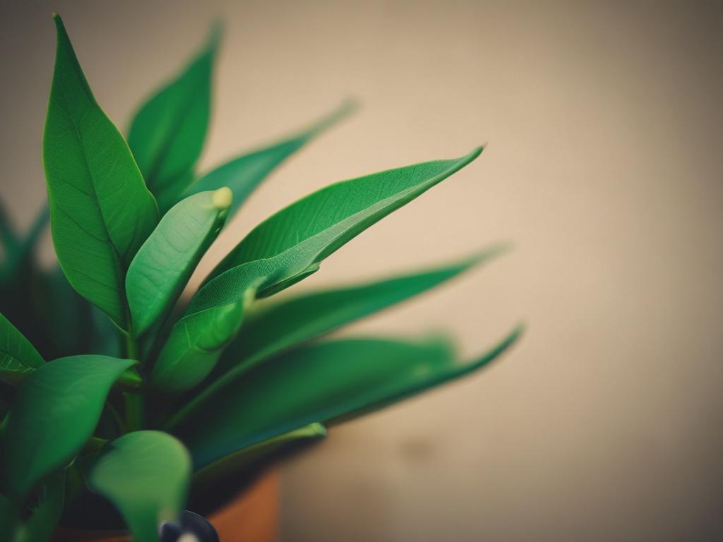 A close-up shot of a vibrant green plant, symbolizing growth, set against a softly blurred background of social media icons. The plant should be lush and healthy, with sunlight filtering through the leaves, creating a warm and inviting atmosphere. The composition should be simple and clear, focusing solely on the plant, shot with a 45mm f/1.2 lens style to highlight the details and textures.