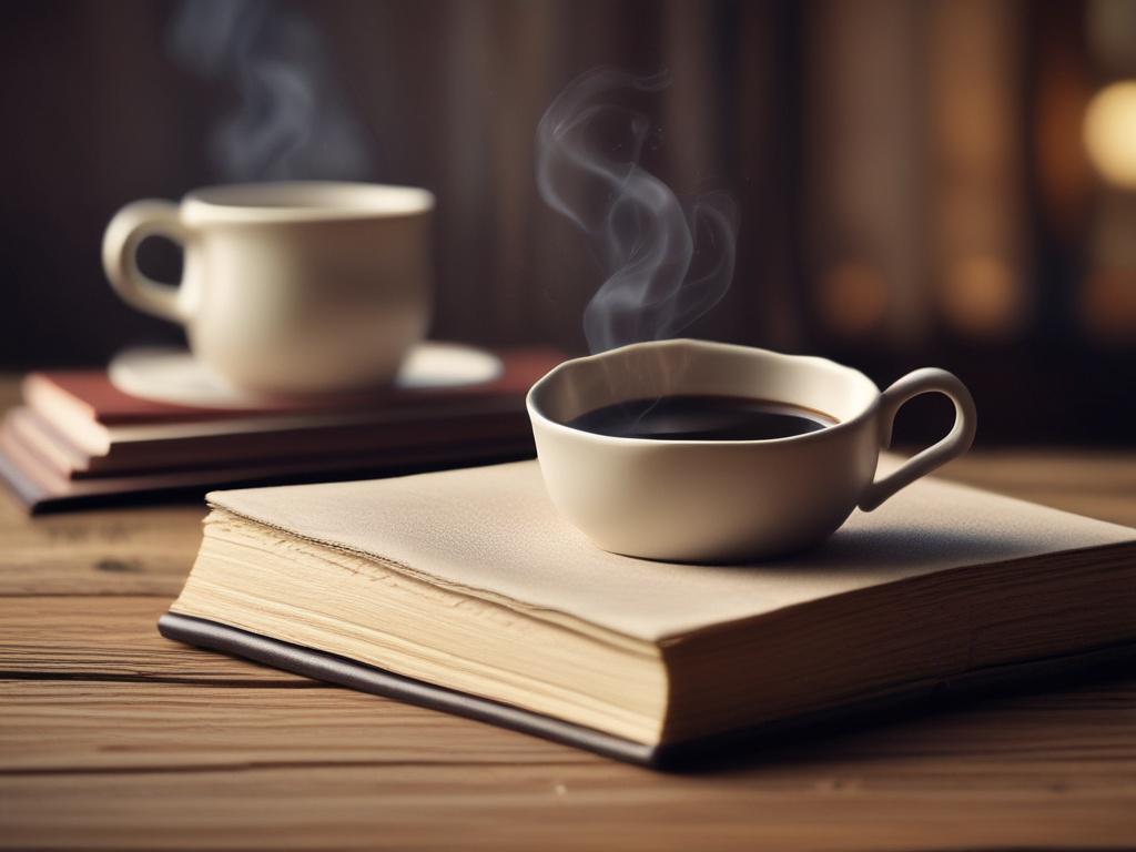 A hyper-realistic close-up shot of an open book resting on a rustic wooden table, surrounded by a steaming cup of coffee and a pair of reading glasses. Soft, natural light filters through a nearby window, highlighting the pages of the book and creating a warm, inviting atmosphere. The background should be subtly blurred to emphasize the book and its accessories, with a color palette that features vibrant greens to reflect the rgb(50, 170, 39) primary color.