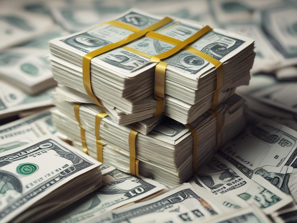 A realistic high-resolution close-up shot of a stack of money, showcasing crisp, new banknotes neatly arranged. The background is softly blurred to emphasize the money, with a warm color palette complementing the primary color rgb(50, 170, 39). The focus is sharp on the details of the banknotes, highlighting their texture and design. The lighting is bright and inviting, creating an aura of success and prosperity.