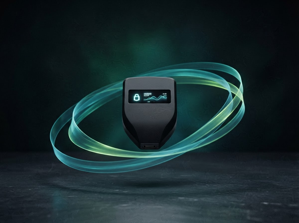 A hardware wallet surrounded by subtle, flowing digital signals