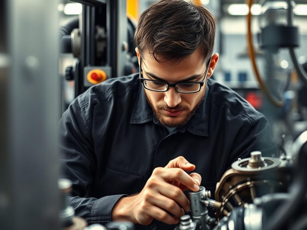 A focused mechanical engineer working on an automotive assembly line, surrounded by advanced machinery and tools. The image captures the engineer's dedication and the complexity of automotive parts, shot with a 45mm f/1.2 lens.